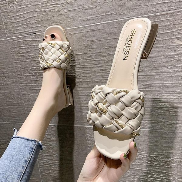 

slippers casual female shoes square heel med slides luxury soft 2021 summer block hoof heels rome fashion pu rubber women, Black