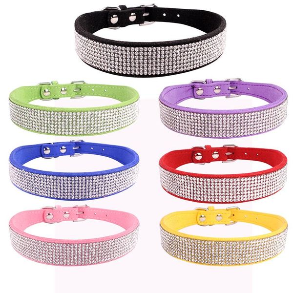 

adjustable dog cat collar soft velvet bling rhinestone diamante crystal pu leather pet necklace puppy collars & leashes