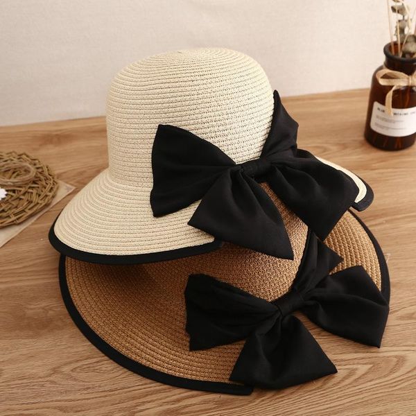 

wide brim hats baseball cap korean summer japanese straw bowknot foldable women's beach leisure shade female fashion hat, Blue;gray