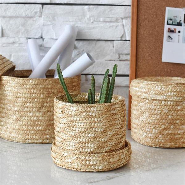 

storage baskets 3pcs laundry stationery straw woven basket with lid rattan flower snack organizer box
