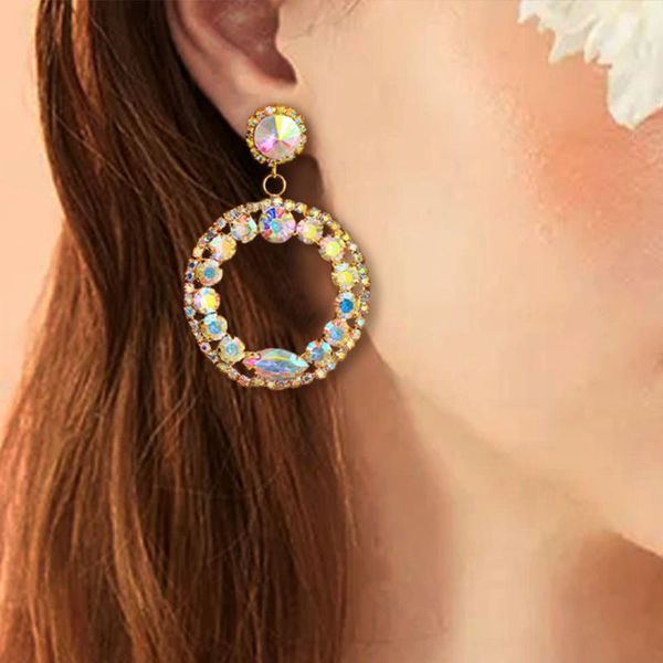 

hoop & huggie stonefans fashion shining circle earrings ab color elegant bride rhinestone stud vintage party jewelry gifts, Golden;silver