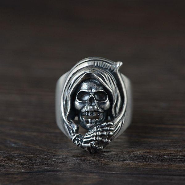 

cluster rings s925 sterling silver vintage ring for men skull claw hollow big open retro punk rock style jewelry, Golden;silver