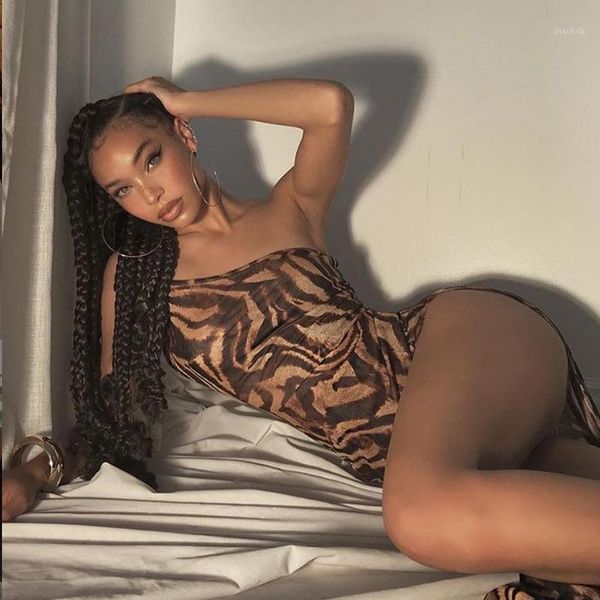 

women summer suspender dress fashion tiger leopard pattern one shoulder split sleeveless nightclub long casual dresses, Black;gray