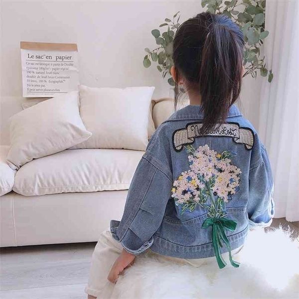 

2-7t floral denim jackets for girls toddler kid baby girl spring clothes long sleeve cute sweet back flower print coat outwear 210918, Blue;gray