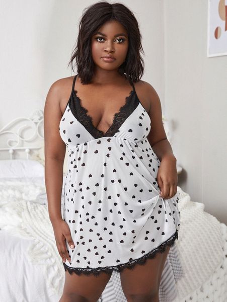 

plus heart pattern contrast lace slips with thong e1pb#, Black;white