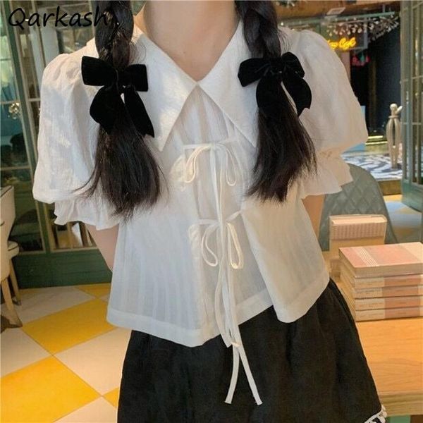 

women's blouses & shirts women fashion solid turn-down collar short puff sleeve loose casual all-match ulzzang student sweet creativity, White