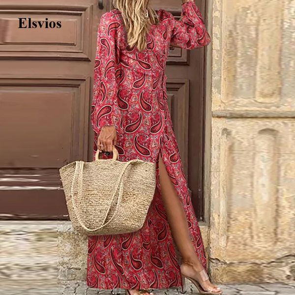 

casual dresses spring floral print women boho long v neck lace-up split party autumn vintage sleeve maxi vestidos c6bf, Black;gray