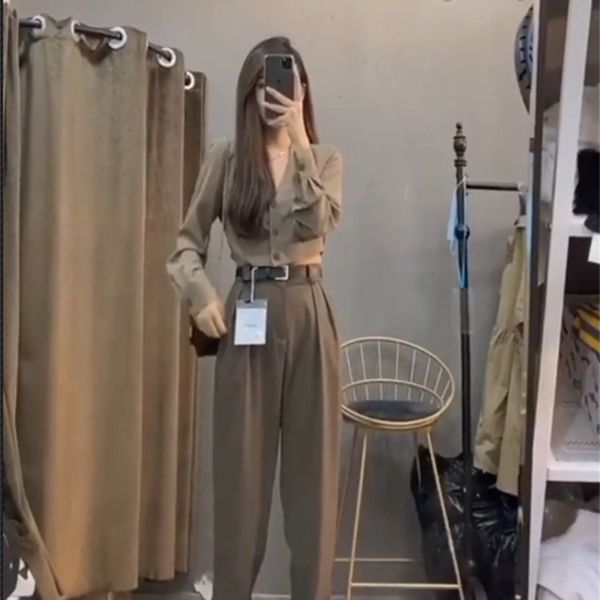 

spring 2 piece long sleeves blouse women vintage solid long pants 210423, White