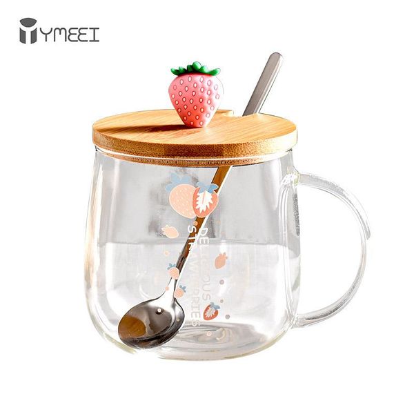 

wine glasses ymeei 330ml glass mug with lid and spoon cartoon strawberry cute water cup transparent milk juice drinkware