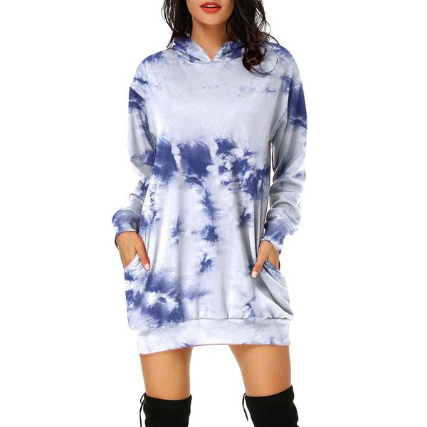 

casual dresses women dress ladies autumn winter fashion tie-dye printed long sleeve hooded tunic pockets cotton pullover vestido, Black;gray
