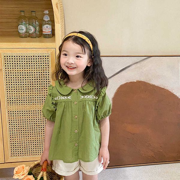 

girls fashion floral embroidery loose shirts summer children korean style short sleeve 210615, White;black