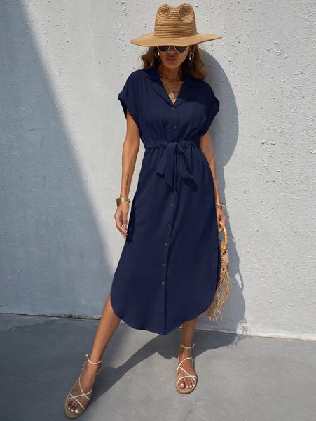 

lapel collar roll up sleeve tie front dress x6a4#, Black;gray