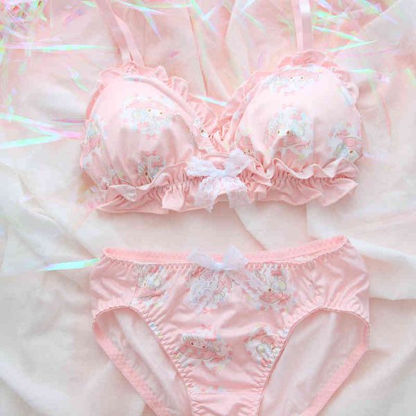 

super cute pink anime pattern sweet lace pink bow flouncing underwear set no rims bra japanese bra & panties set, Red;black