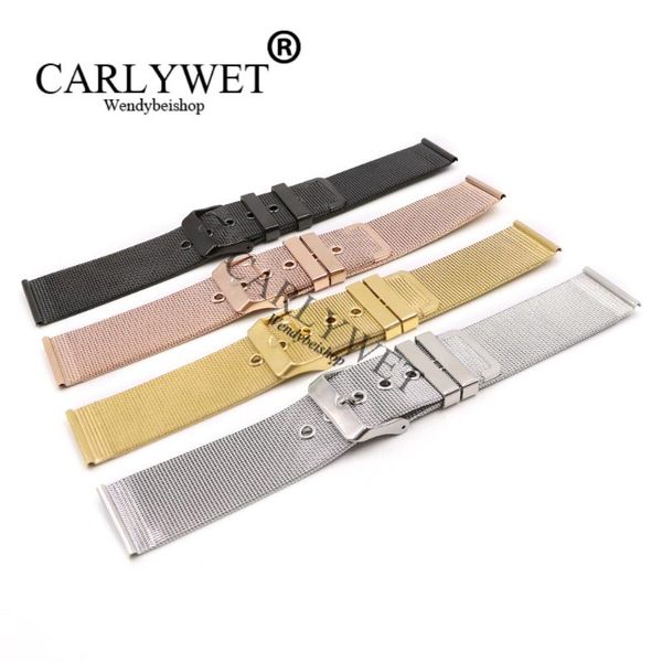 

watch bands carlywet 20 22mm silver black rose gold stainless steel replacement mesh wrist band strap bracelet with polished buckle, Black;brown
