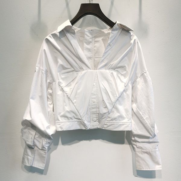 

shirt 2021 autumn and winter women's pleated long-sleeved cotton cropped c7t4, White