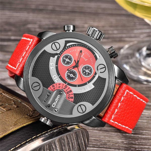 Oulm 3130 Zwei Zeitzonen Männliche Uhr Luxus Marke männer Militär Uhren Casual Leder Große Größe Männer Armbanduhr relogio masculino G1022