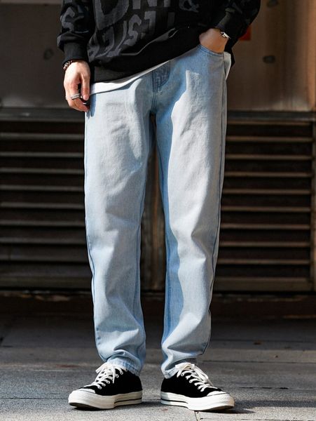 

men light wash tapered jeans r7g8#, Blue