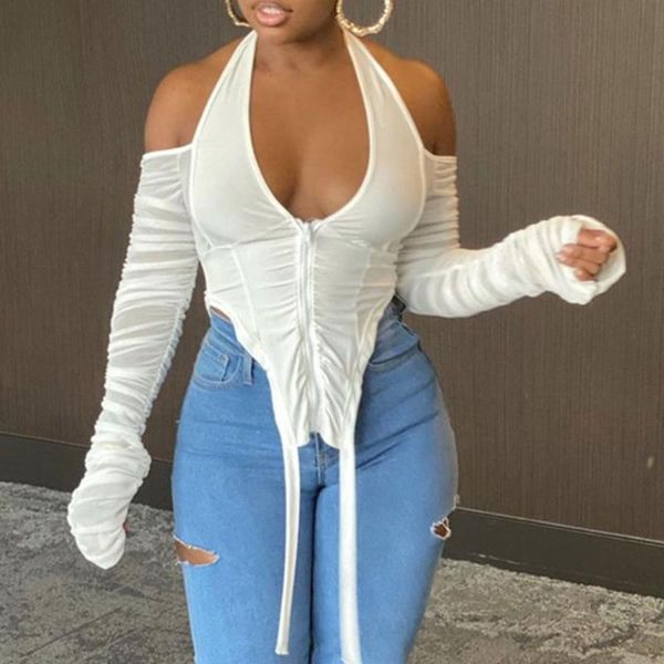 

women's t-shirt 2021 long stacked sleeve halter zipper patchwork crop autumn winter women fashion streetwear tshitrs club tees, White