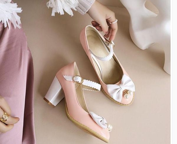 

women's shoes spring and autumn high coarse heel round head bowknot @op10239, Black