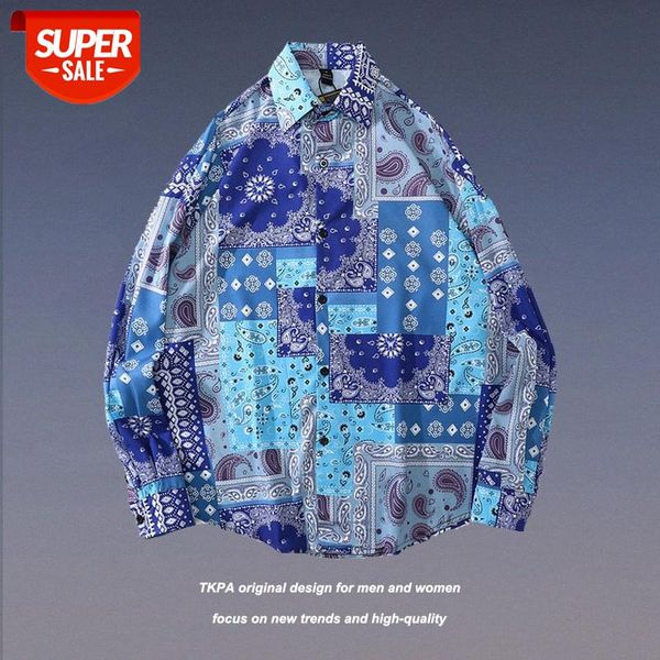 

tkpa retro street cashew flower full printed long sleeve shirt hong kong style loose couple men and women jacket #lw8p, White;black