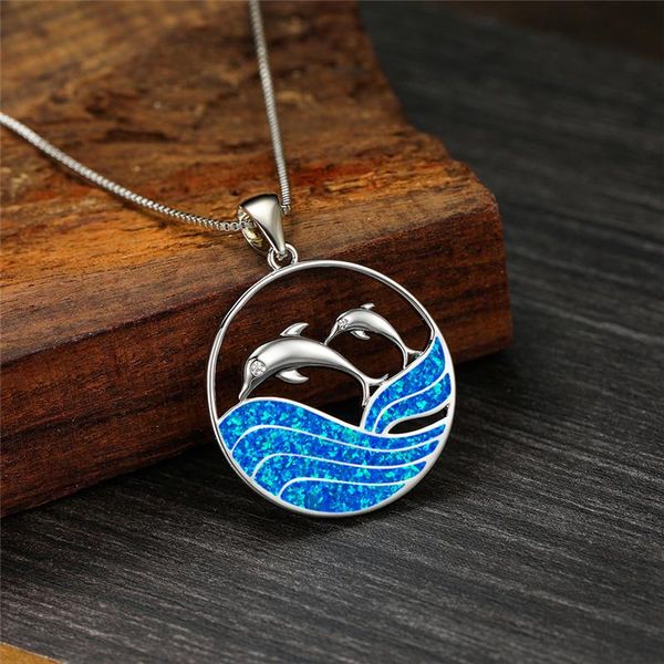 

pendant necklaces charm silver color chain necklace lovely animal dolphins wedding cute female blue opal wave for women