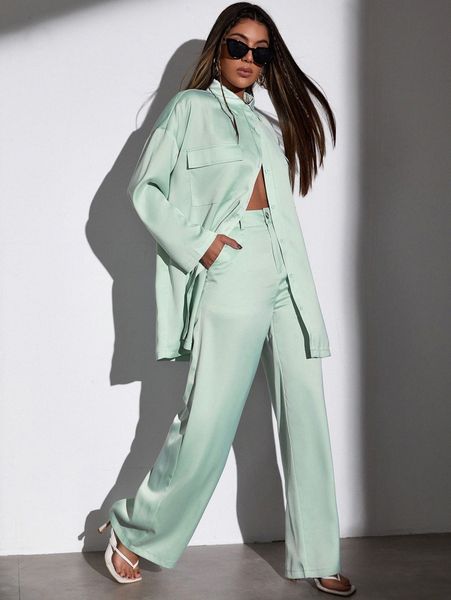 

drop shoulder flap pocket blouse & pants set h18u#, White