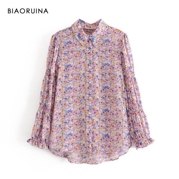

women's blouses & shirts biaoruina floral print single breasted loose casual shirt lantern sleeve office lady korean style elegant blou, White