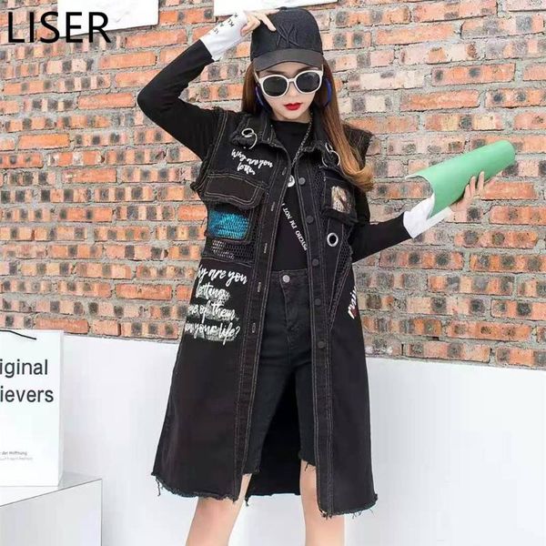

women's vests autumn fashion gauze stitching denim vest jacket women loose and thin 2021 letter printing cardigan long coat ll285, Black;white