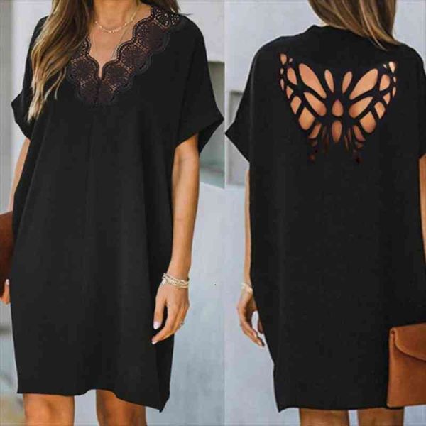 

spring summer backless butterfly design hollow out dresses women v-neck office lady solid color short sleeve dress, Black;gray