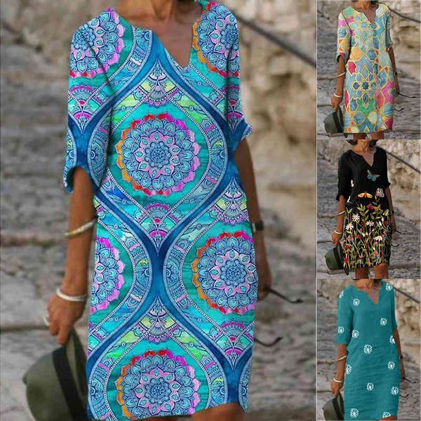 

2021 spring women loose vintage ruffles bedress large big printed line summer boho casual party elegant dresses plus sizes x0521, Black;gray