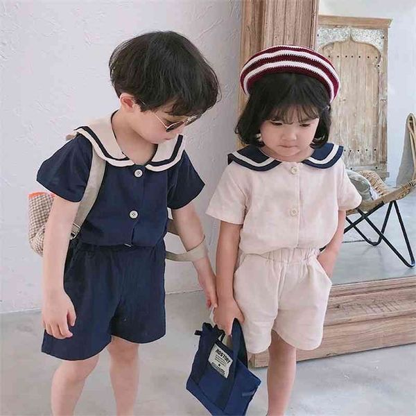 Yaz Kore Tarzı Çocuklar Sailor Yaka Pamuk Keten Giysi Setleri Erkek Kız T Gömlek + Şort 2 adet Çocuk Giyim Erkek Bebek Giyim 210326