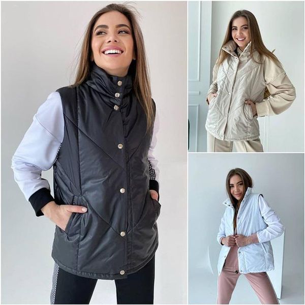 

fashion loose stand collar vests women elegant single breasted casual coats simple solid pockets cotton ladies women's, Black;white