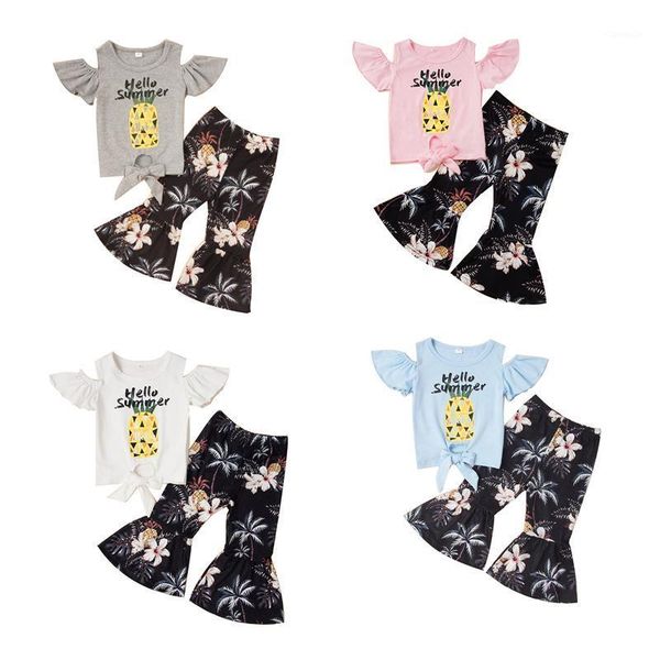

pieces kids suit set children girls floral print round neck short sleeve off shoulder + trousers for summer 2-6 years clothing sets, White