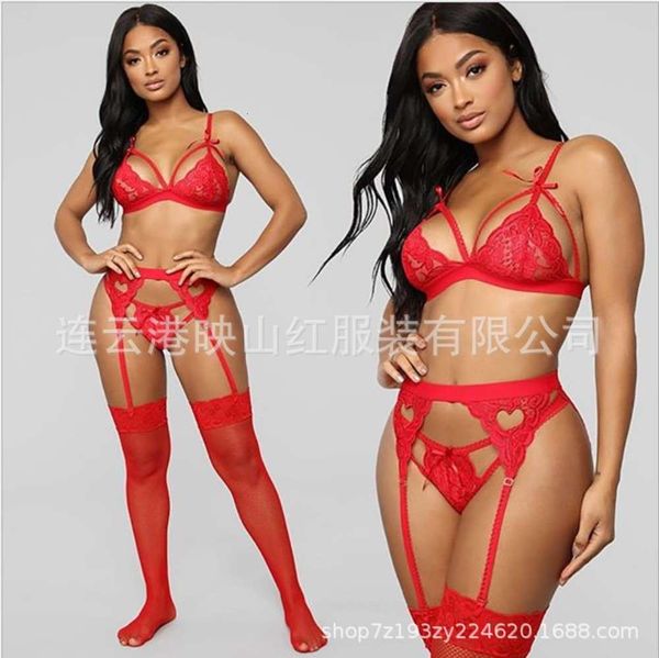 

eyelash three-point suspender three piece set hollow garter underwear, Black;white