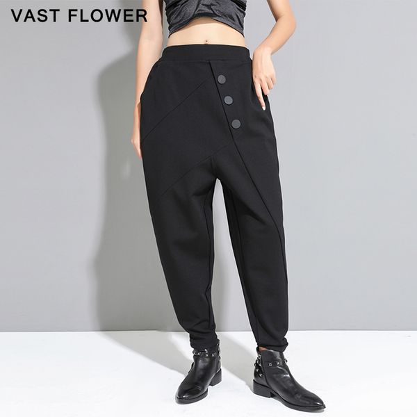 

black button high waist harem pants women new spring autumn pockets loose casual trousers pantalon femme fashion streetwear 210319, Black;white