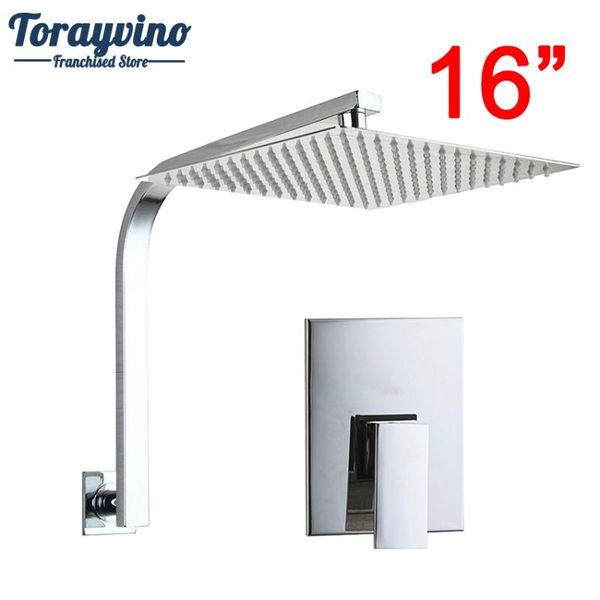 

torayvino fashion bath brass 16"waterfall shower head rain ultra-thin panel wall mounted faucets chrome mixer taps bathroom sets