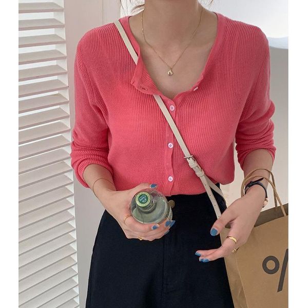

women's knits & tees solid long-sleeved knitted cardigan for women fashion single-breasted thin jacket round neck autumn sweater clothi, White