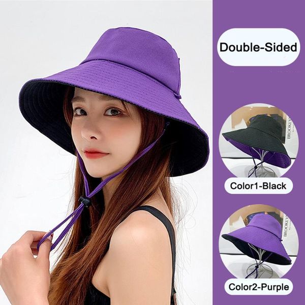 

wide brim hats double-sided hat women sun bucket foldable beach flat fishing panama travel summer female, Blue;gray