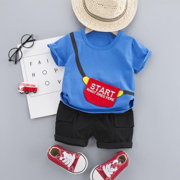 

summer baby boys casual suits kids girls satchel decoration t-shirt+black shorts 2-piece toddler fashion clothes sets clothing, White