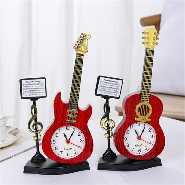 Orologi da tavolo da scrivania Modello di chitarra in miniatura Sveglia per accessori per case delle bambole Strumento musicale Parte fai da te Decorazioni per la casa Regalo Artigianato in legno Orna