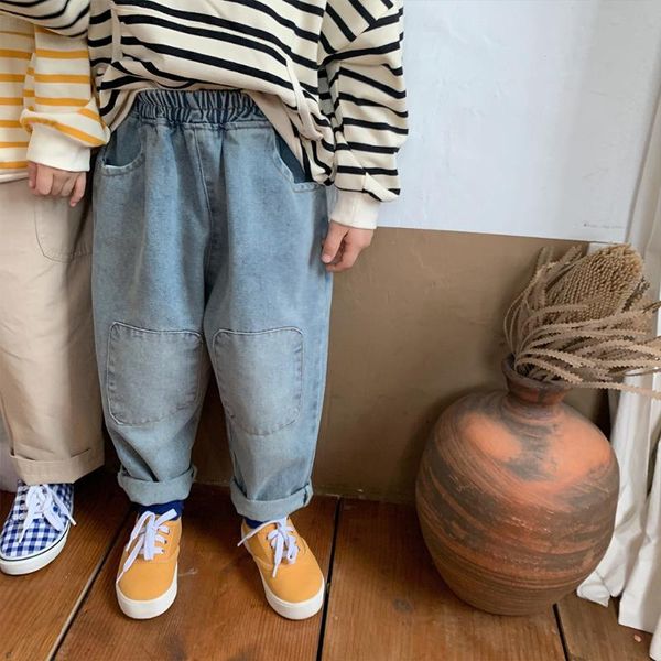 

jeans boys autumn fashion knee patch girls loose all-match denim pants, Blue