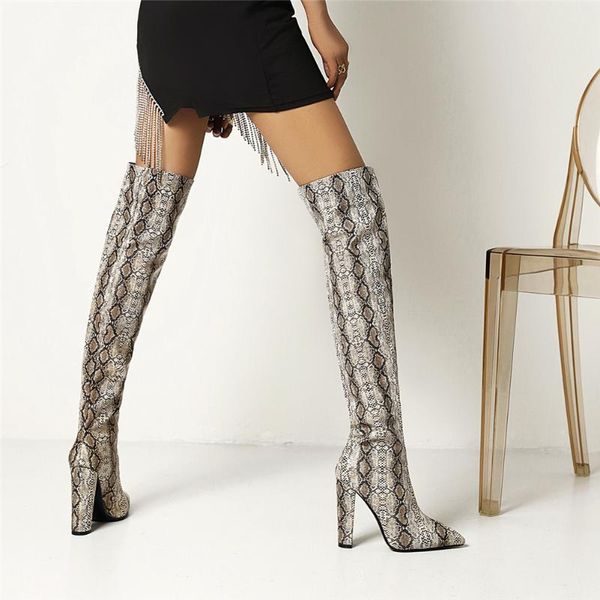 

boots ribetrini brand party wedding clubwear animal snake print high heels thigh for women short plush winter shoes, Black