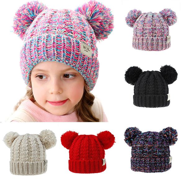 

12 styles baby girls knitted cap kid crochet pompom beanies hat double fur ball hats children knit outdoor caps kids accessories m315, Yellow