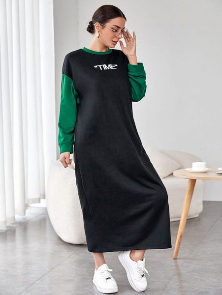 

color block letter graphic drop shoulder sweatshirt dress o1al#, White;black