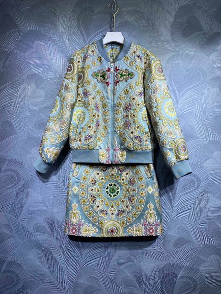 

2021 autumn new jacquard beaded jacket with skirt set, White