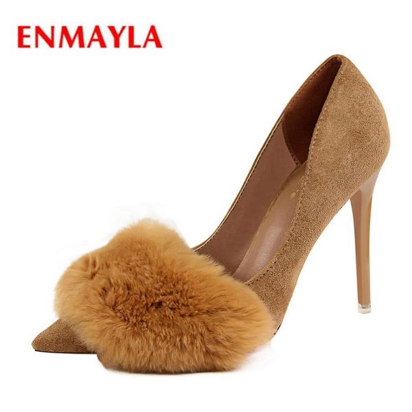 

dress shoes enmayla arrival lady pointed toe flock lip-on high heel pumps women faux fur fashion heels size 34-39 zyl490, Black