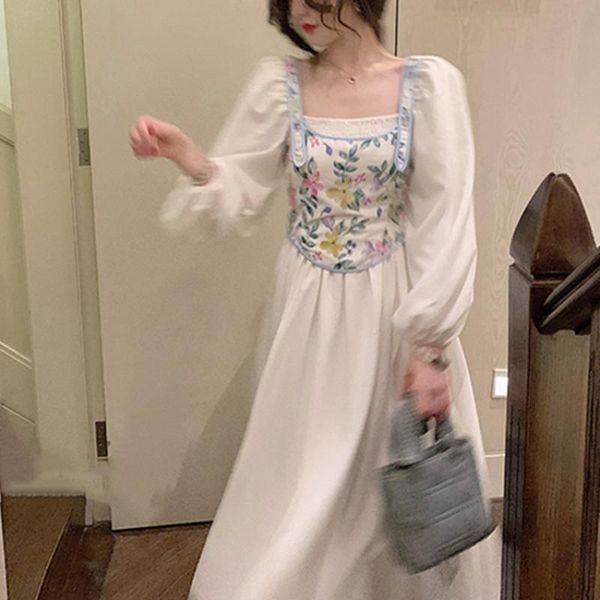 

casual dresses white elegant evening party long women floral france vintage dress autumn print retro korean fashion 2021, Black;gray