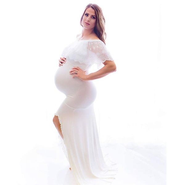

maternity dresses baby shower floral cape matched side slit pregnant women maxi gown pregnancy clothing for pograph props, White