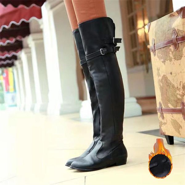 

boots women's buckle round head plush 2021 slim knee low heel high leather fashion trend large cotton, Black