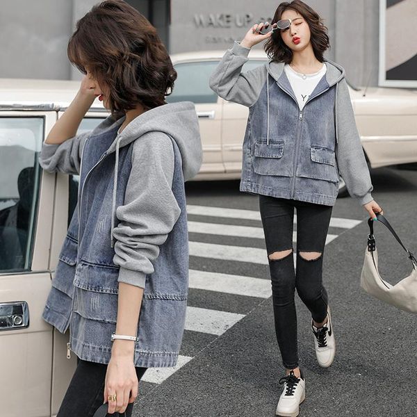 

women's jackets denim jacket splicing hoodie 2021 autumn winter korean loose casual student jeans women long sleeve coat, Black;brown